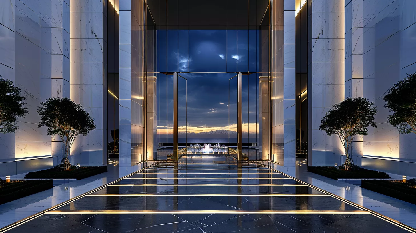 The exterior design of a five-star hotel with a reflective glass facade, marble columns, and stunning natural lighting at sunset. The exterior design of a five-star hotel with a reflective glass facade, marble columns, and stunning natural lighting at sunset.